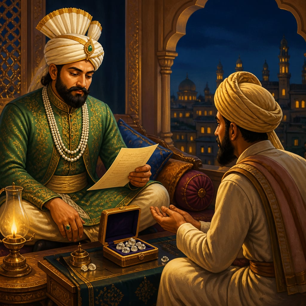 Mir Jumla II examining a Nam Jog hundi at his Hyderabad gaddi