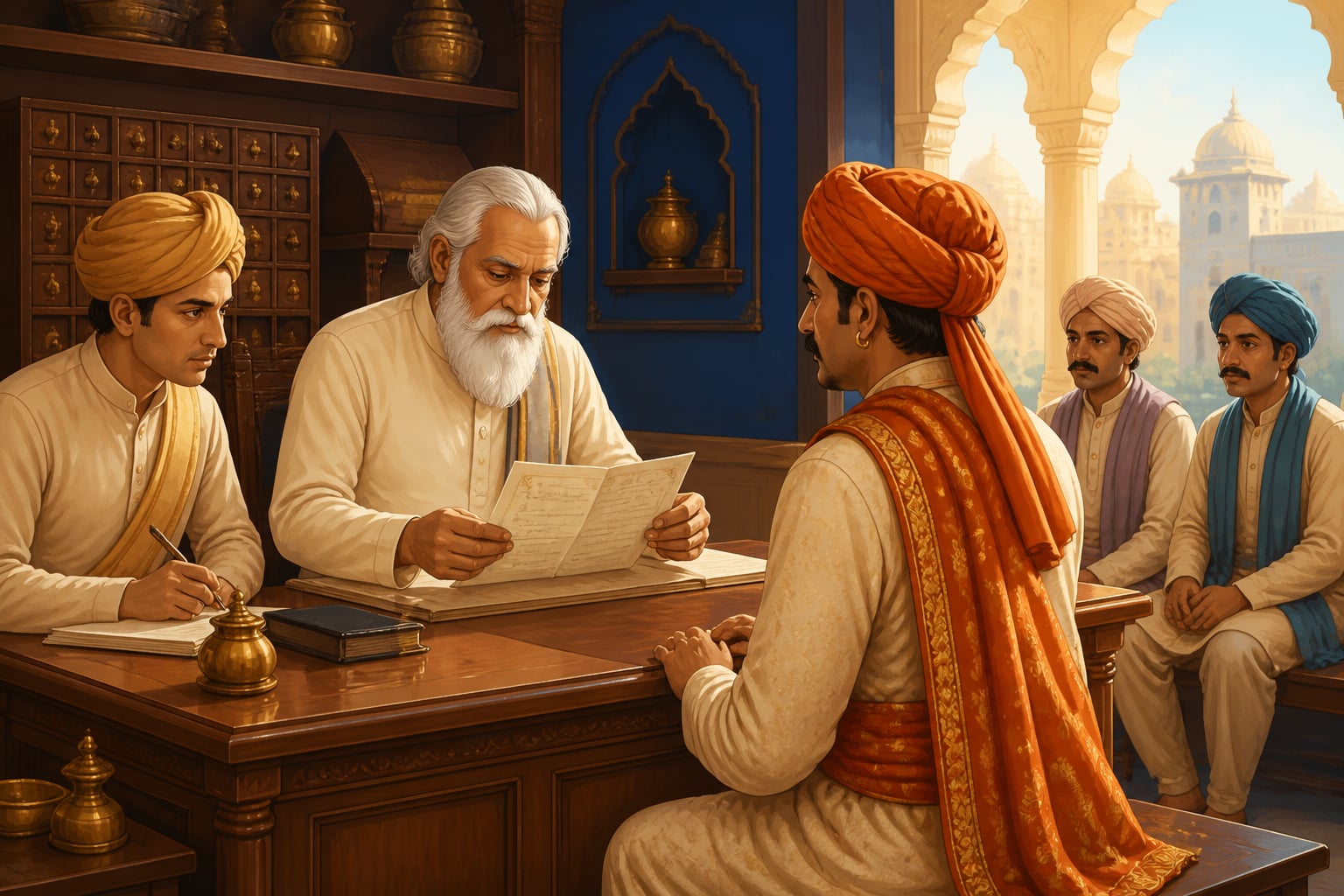 A drawee Shroff verifying a Shah Jog hundi presented by a travelling merchant