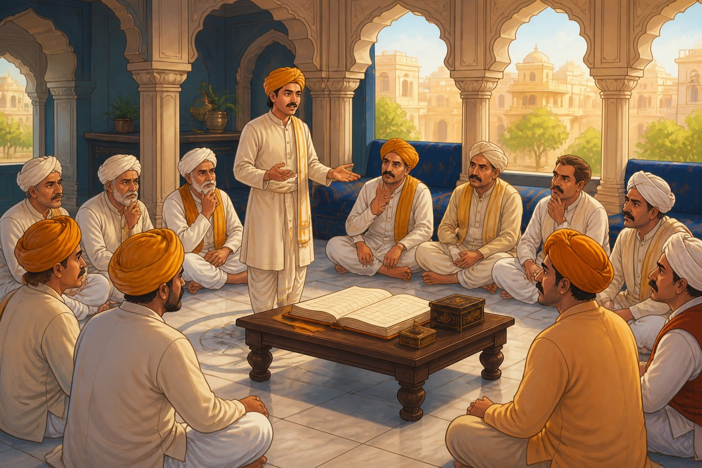 A mahajan sabha of senior merchants gathered in a community baradari hall