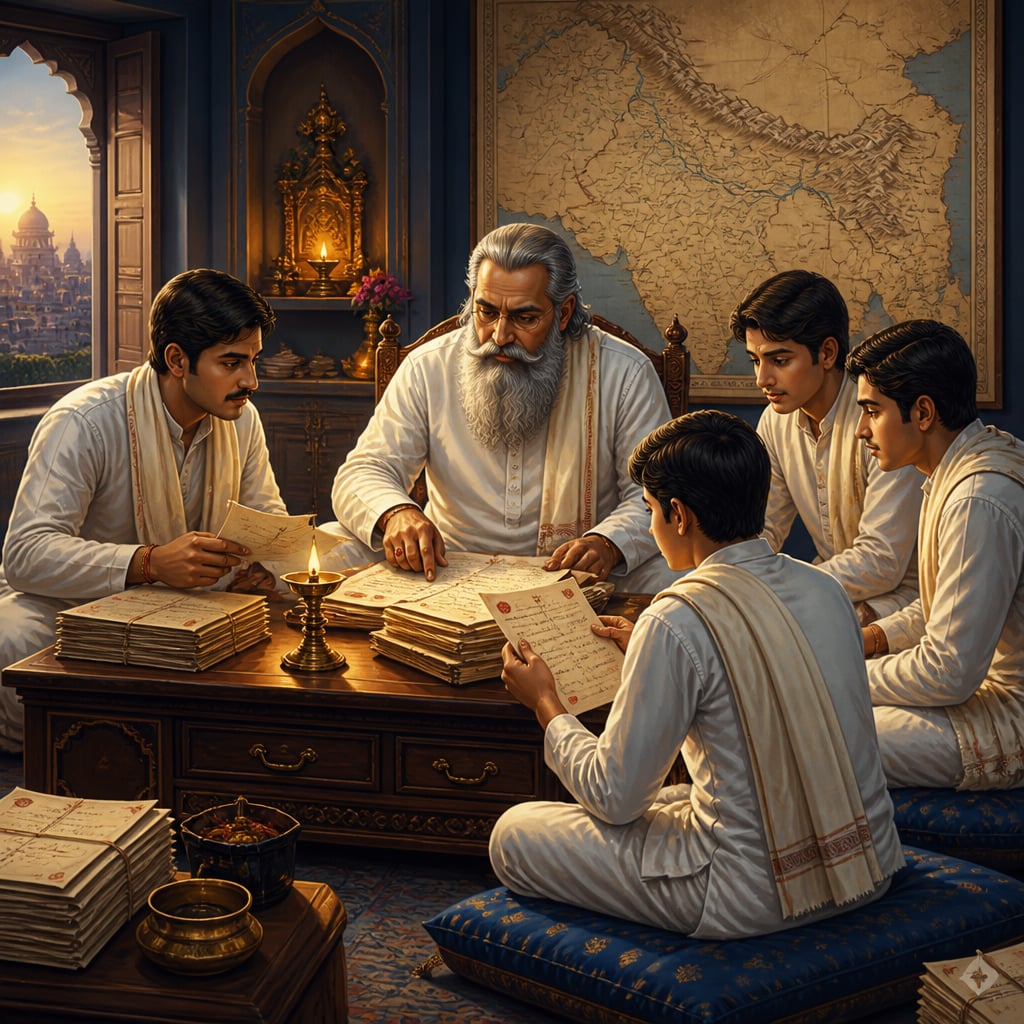 A Marwari merchant family reviewing hundis at their Kolkata haveli at dawn