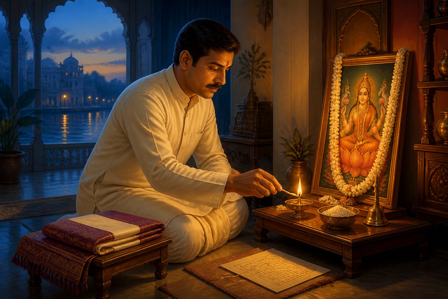 A merchant lighting a diya at his home altar before opening business
