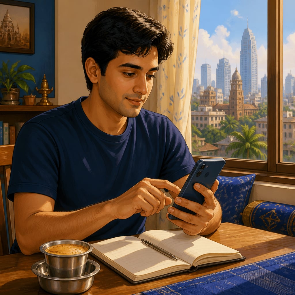 A young Indian making a UPI transfer to family in another city