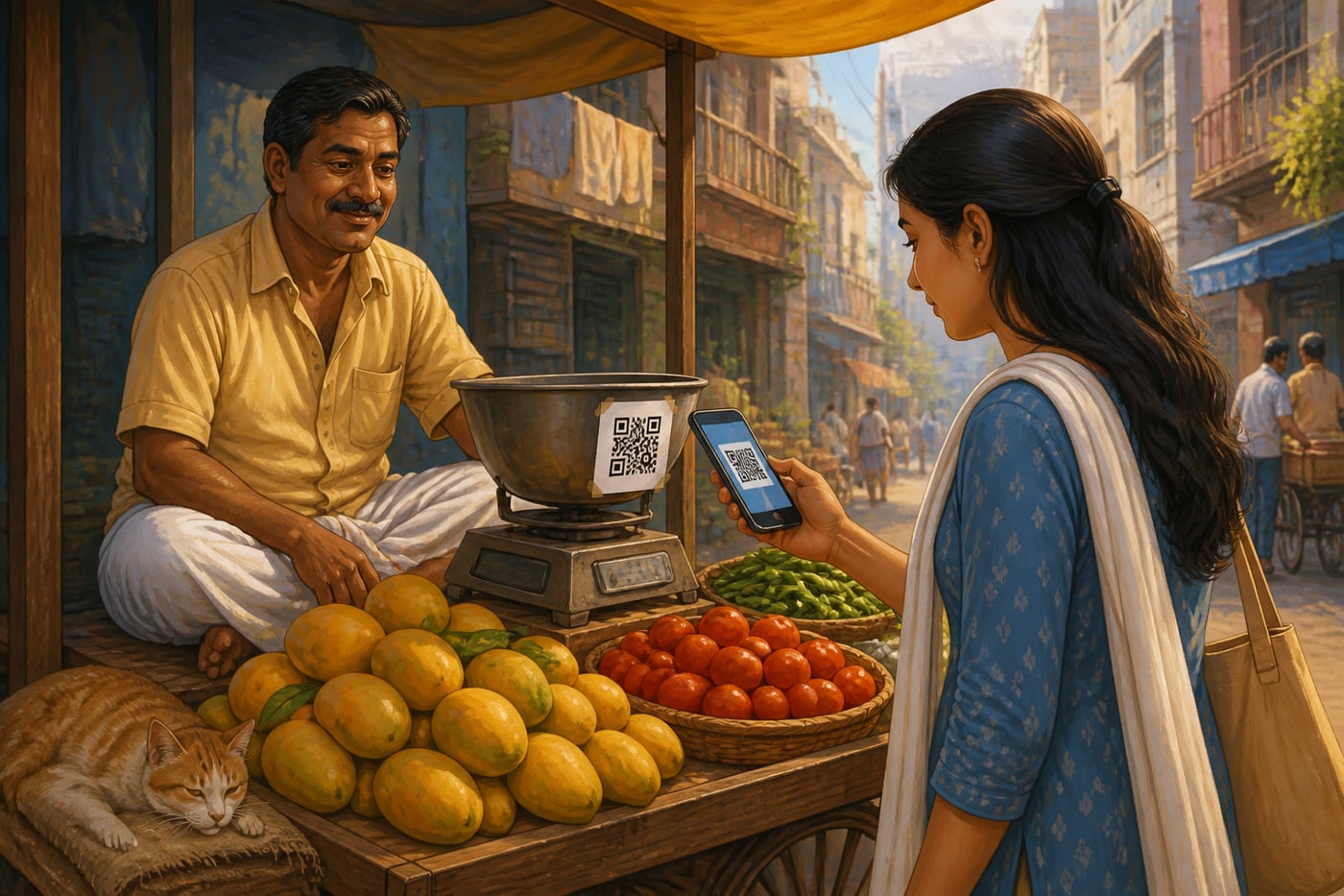 A roadside vegetable vendor accepting a UPI QR payment from a customer