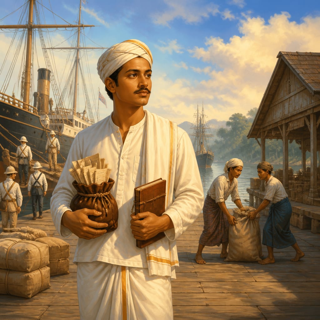 Young Chettiar Arunachalam arriving at Moulmein docks 1824