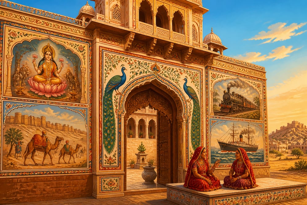 Frescoed Shekhawati merchant haveli at golden hour