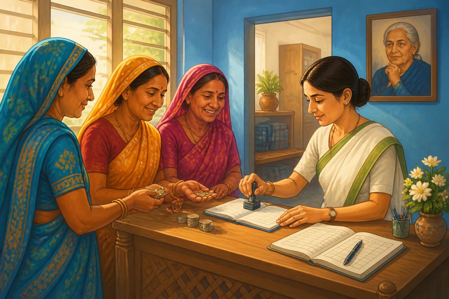 Poor women depositing savings at SEWA Bank counter