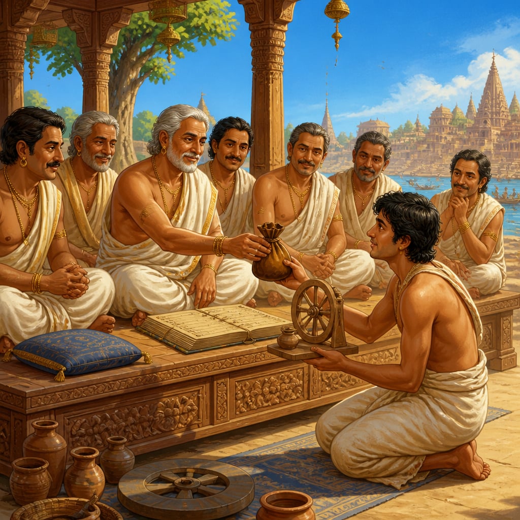 Ancient sreni council granting loan to a young potter