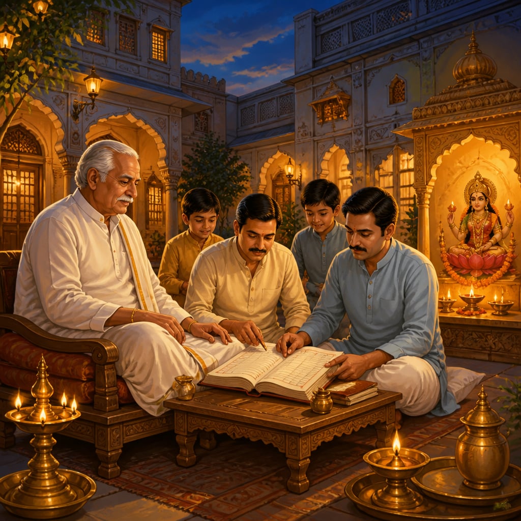 Hindu joint family Karta presiding over the bahi-khata