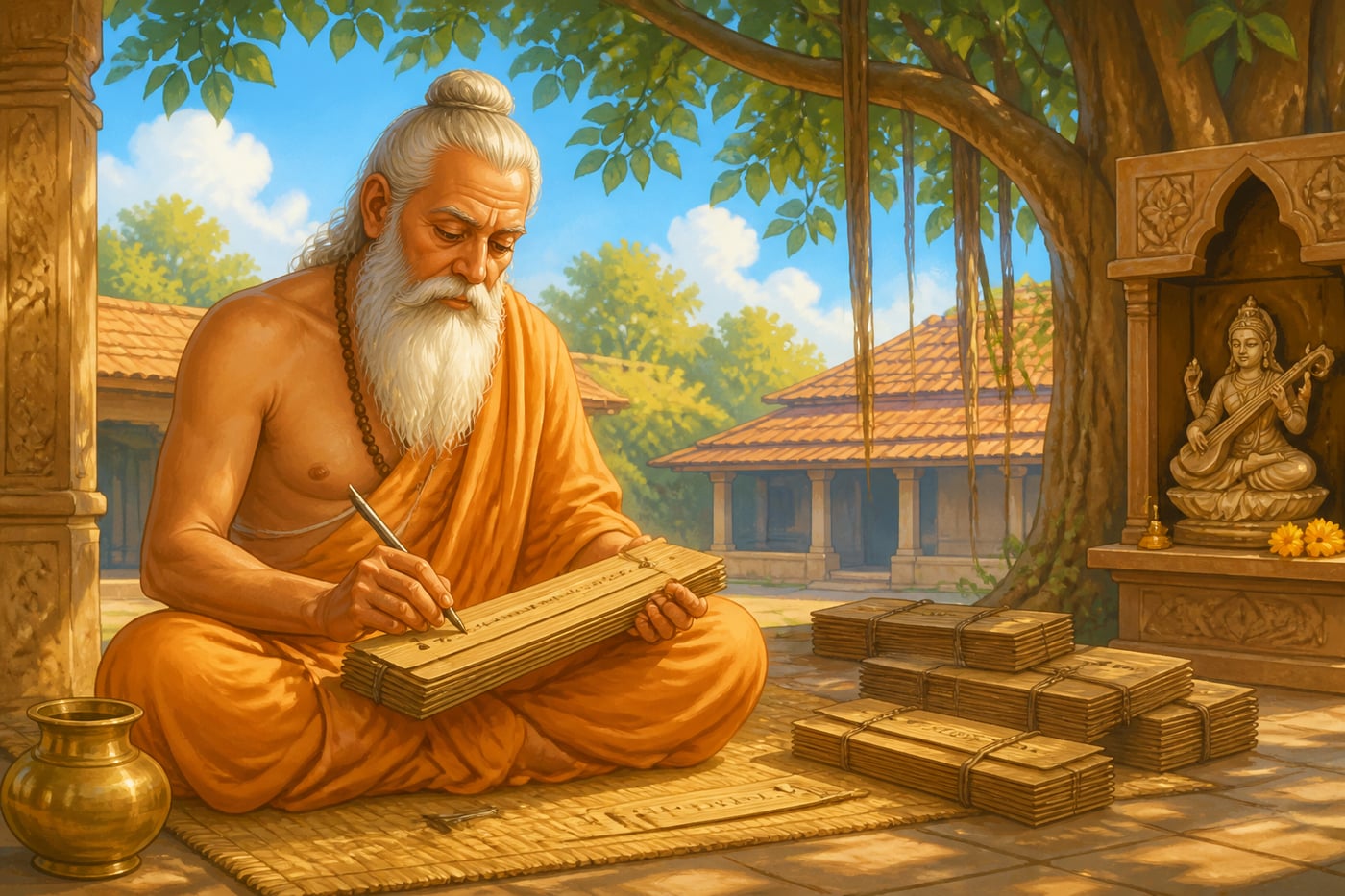 Vijnanesvara composing Mitakshara on palm leaves