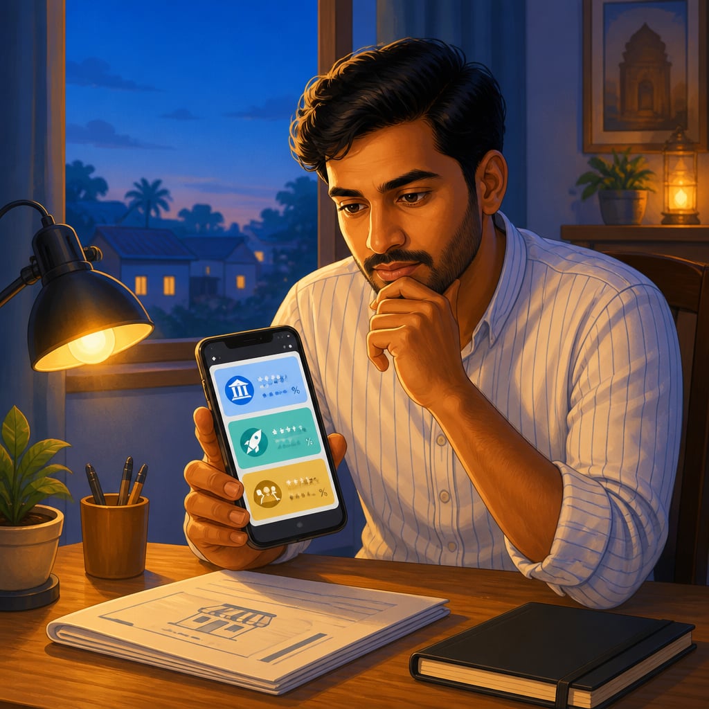 Indian entrepreneur comparing loan rates on his phone