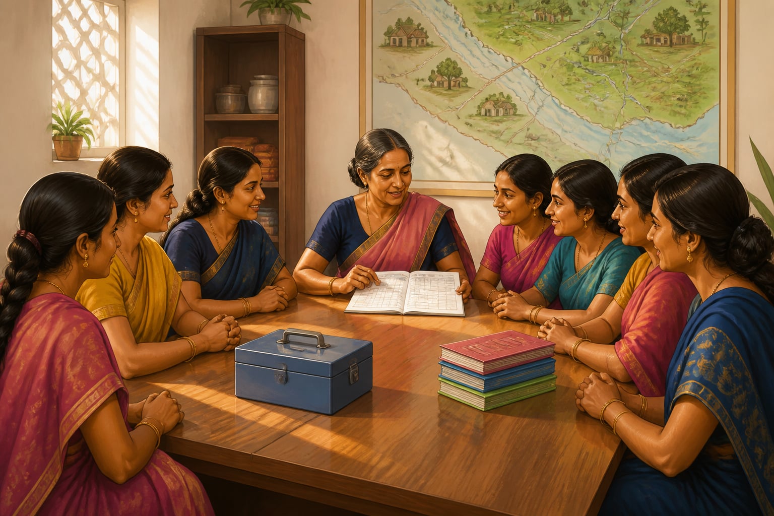 SEWA Bank women's cooperative meeting in Ahmedabad reviewing savings register