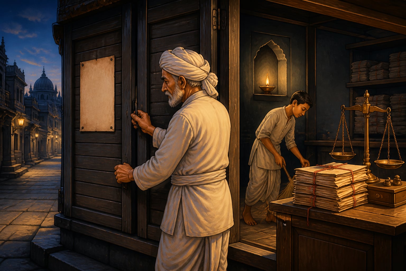 Elderly shroff shuttering his Banaras office under the new Negotiable Instruments Act