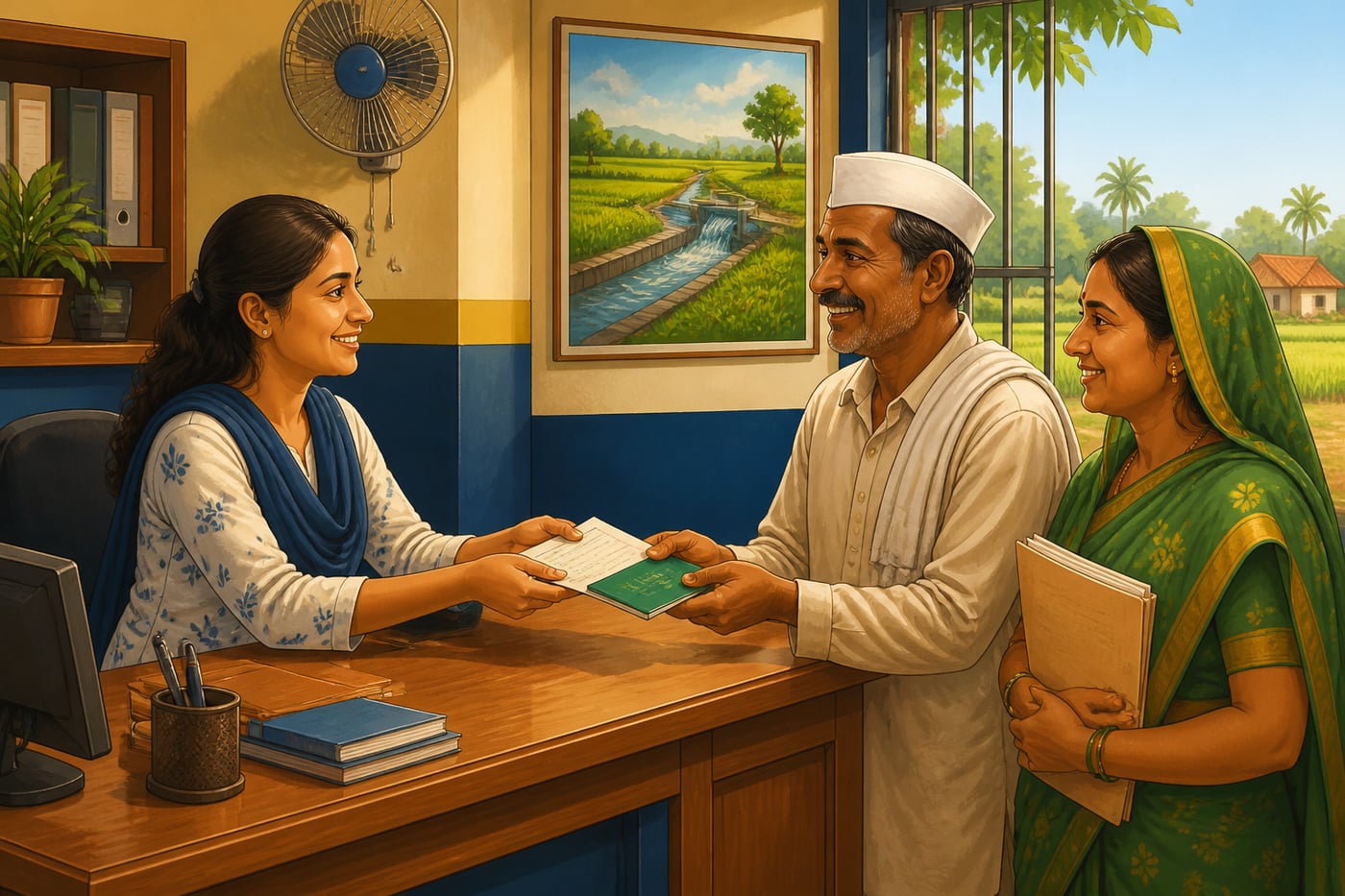 NABARD rural branch officer handing a farmer his first crop-loan passbook