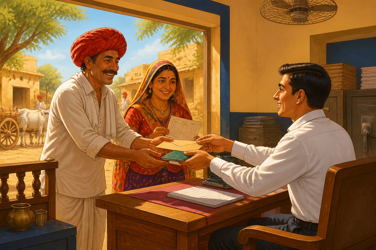 Rajasthan farmer receiving his first crop-loan passbook at a 1972 nationalized branch