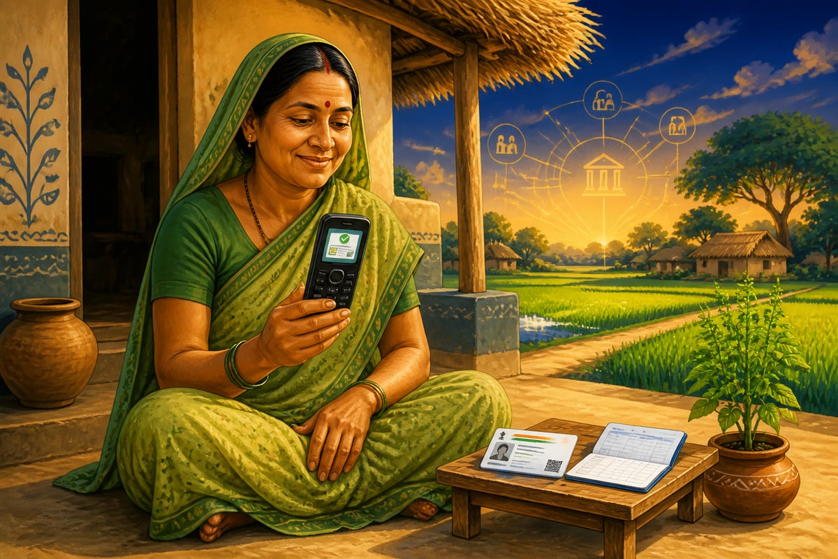 Bihar villager receiving an Aadhaar-linked Jan Dhan DBT SMS on her phone