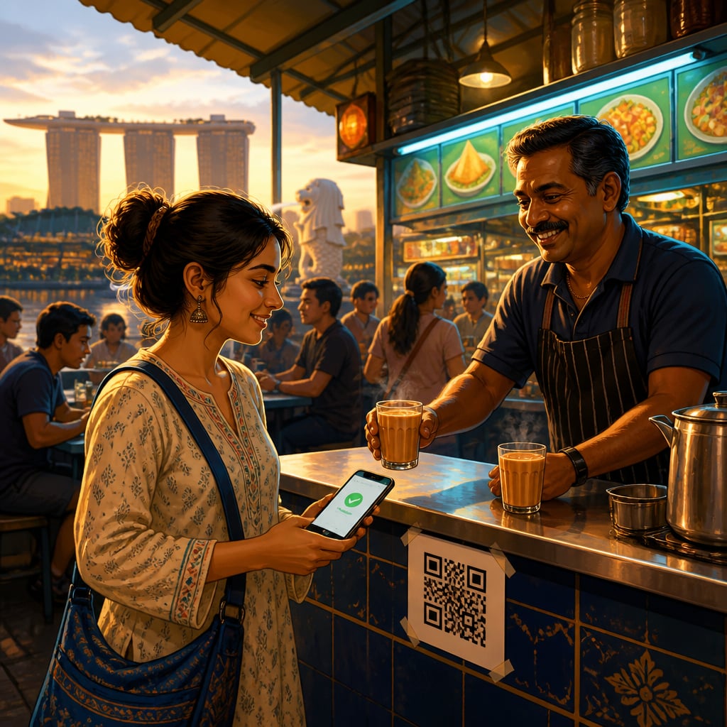 Indian tourist paying with UPI at a Singapore Hawker Centre chai stall
