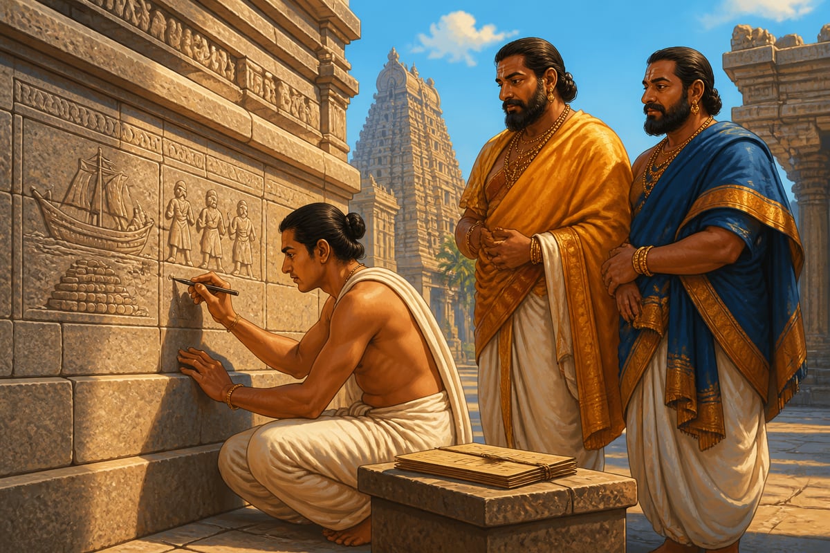 Manigramam guild scribe carving trade rules on a temple wall