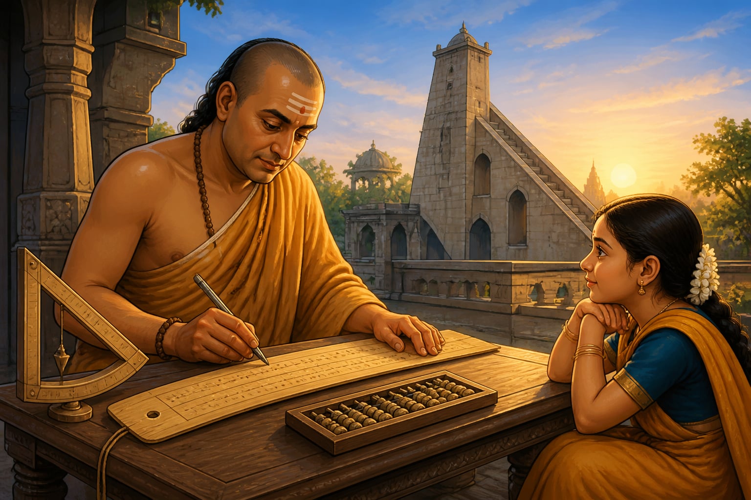 Bhaskaracharya composing Lilavati at the Ujjain observatory