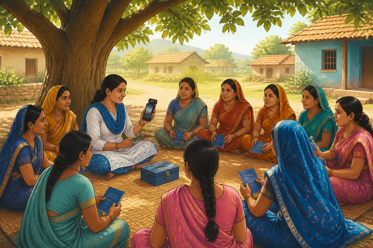 Community resource person leading a digital-era SHG meeting