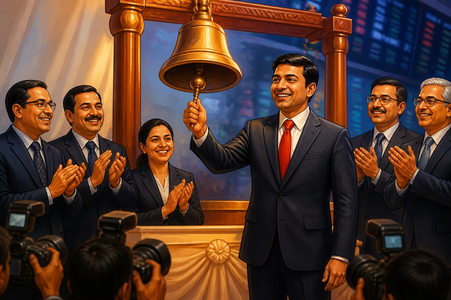 Vikram Akula ringing the BSE bell at the SKS IPO