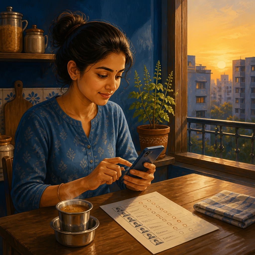 Woman paying monthly chit contribution on her phone at dawn