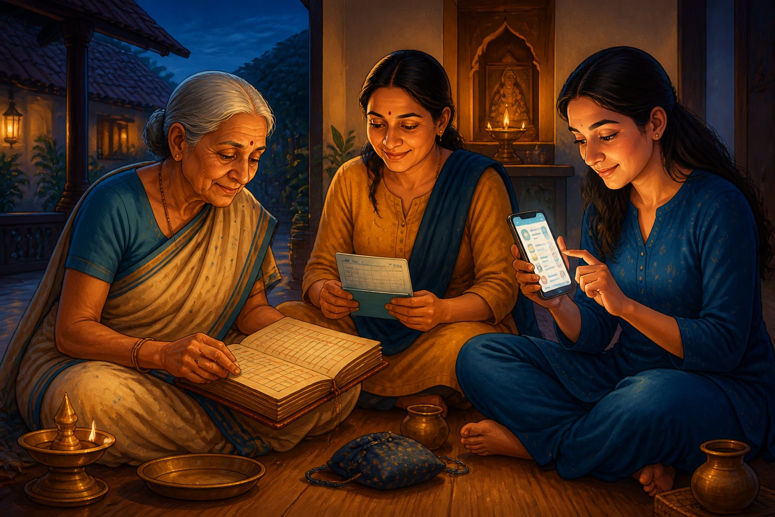 Three generations reviewing kuri ledger and a UPI app