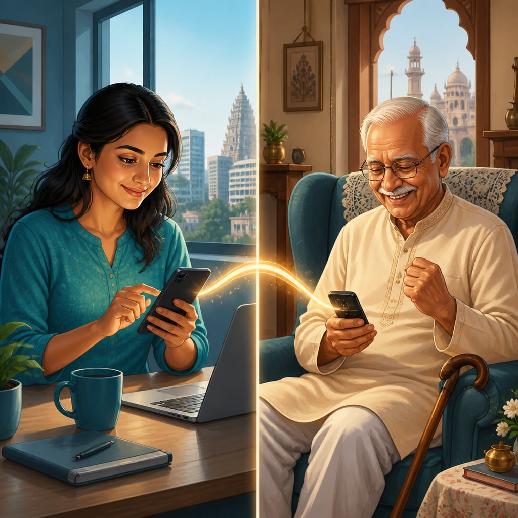 A split scene of an instant UPI transfer between Priya and her father