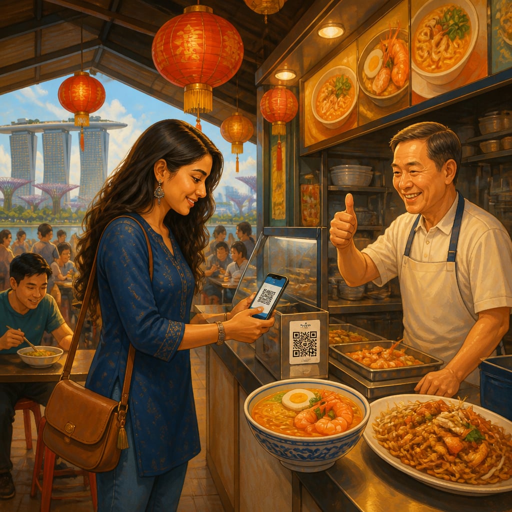 Mumbai tourist using UPI at a Singapore hawker centre