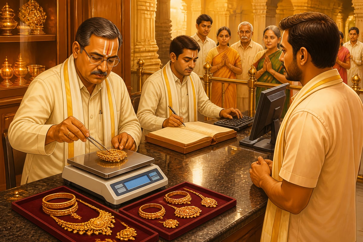A modern TTD treasury counter weighing donated gold ornaments
