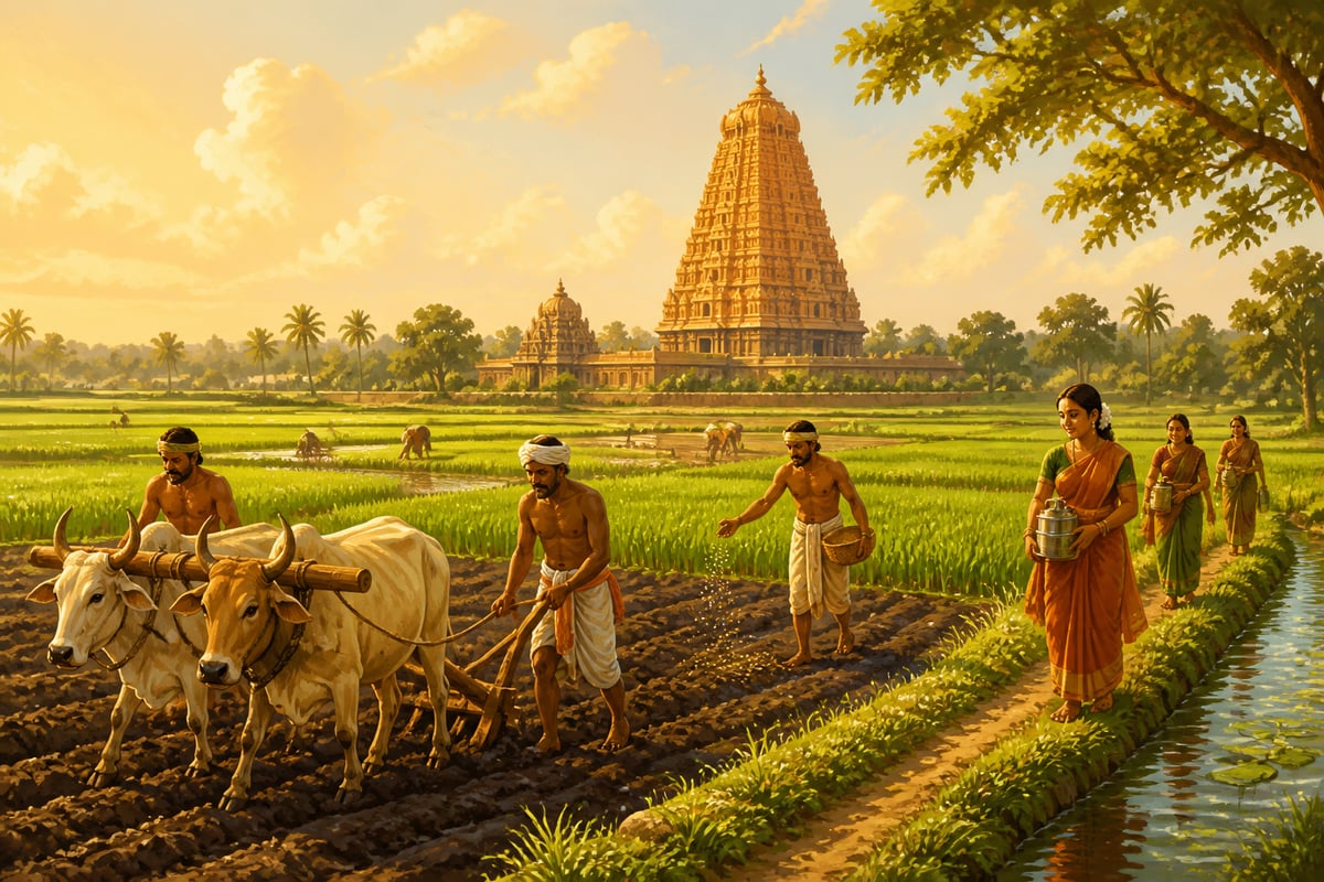 Chola-era farmers working a devadana paddy field with temple gopuram beyond