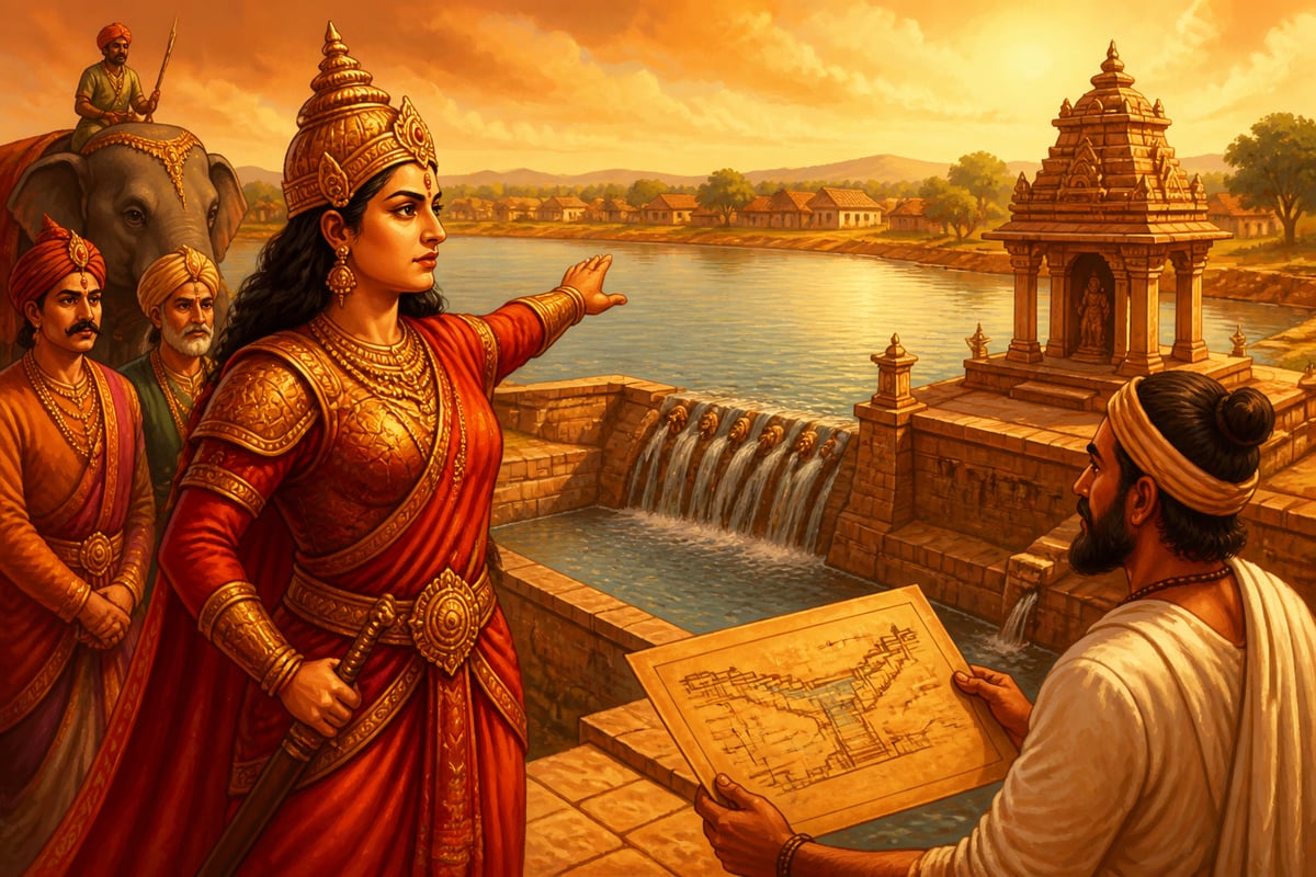 Queen Rudrama Devi inspecting a newly completed Kakatiya cascade tank
