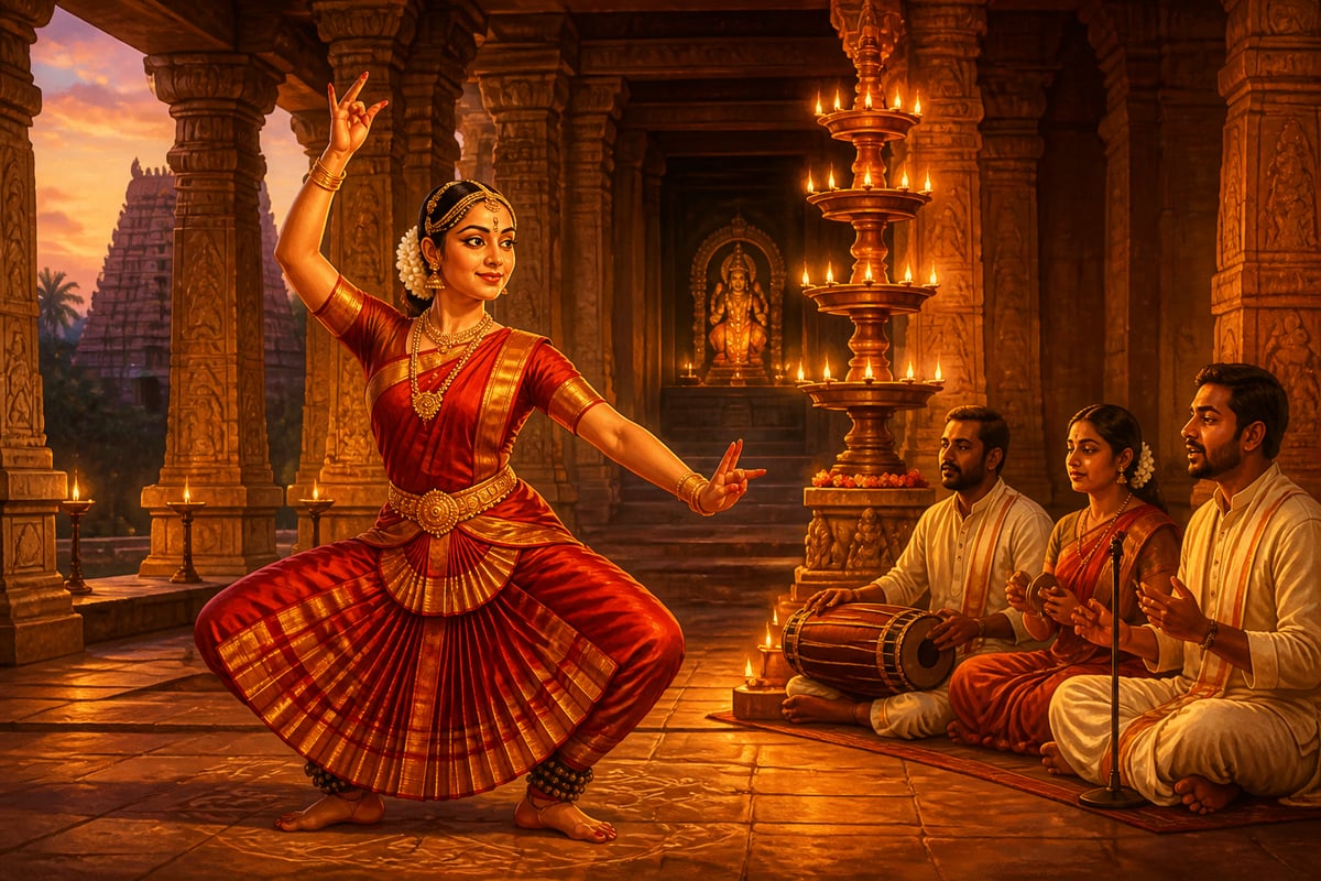 A Bharatanatyam dancer performing in a South Indian temple hall