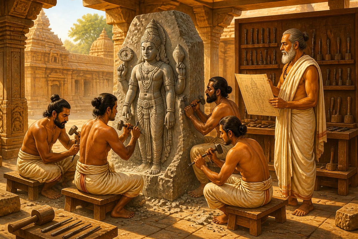 Chola sculptors carving a granite Vishnu in the temple workshop