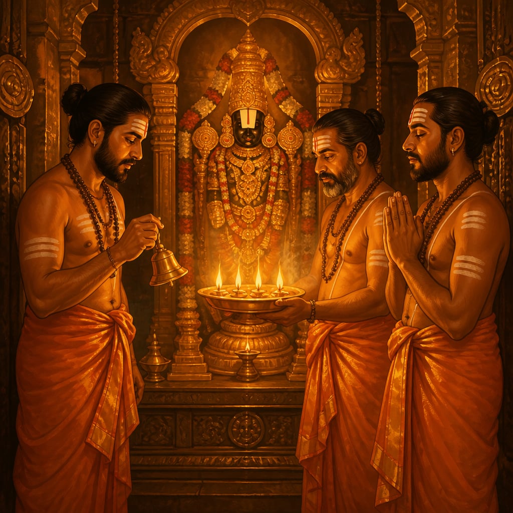 TTD priests performing Suprabhata Seva at the Tirumala inner sanctum
