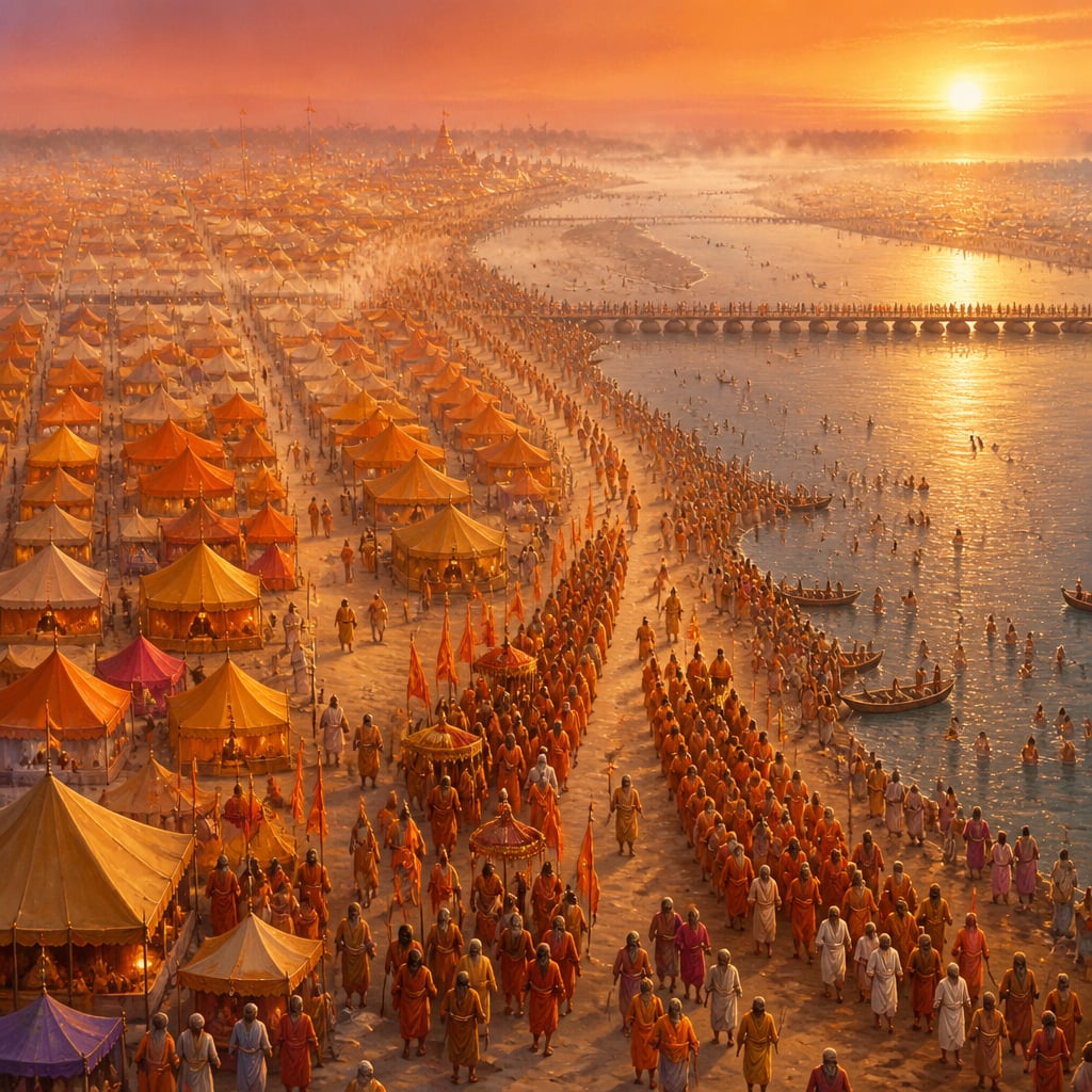 The Kumbh Mela temporary city at dawn on the Ganga at Prayagraj