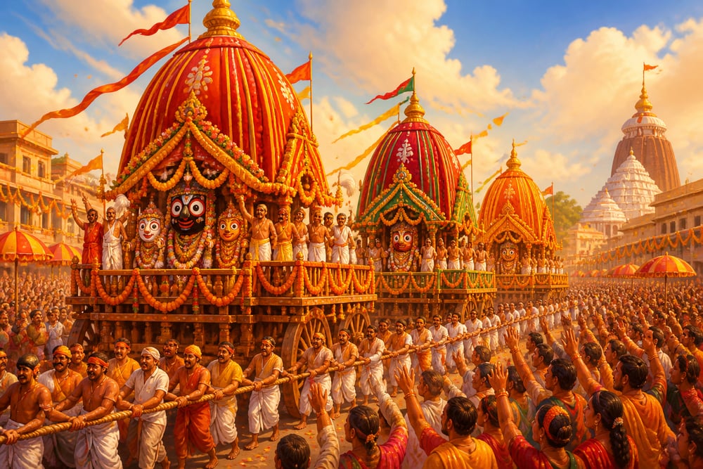The Lord Jagannath chariot being pulled along the Grand Road of Puri