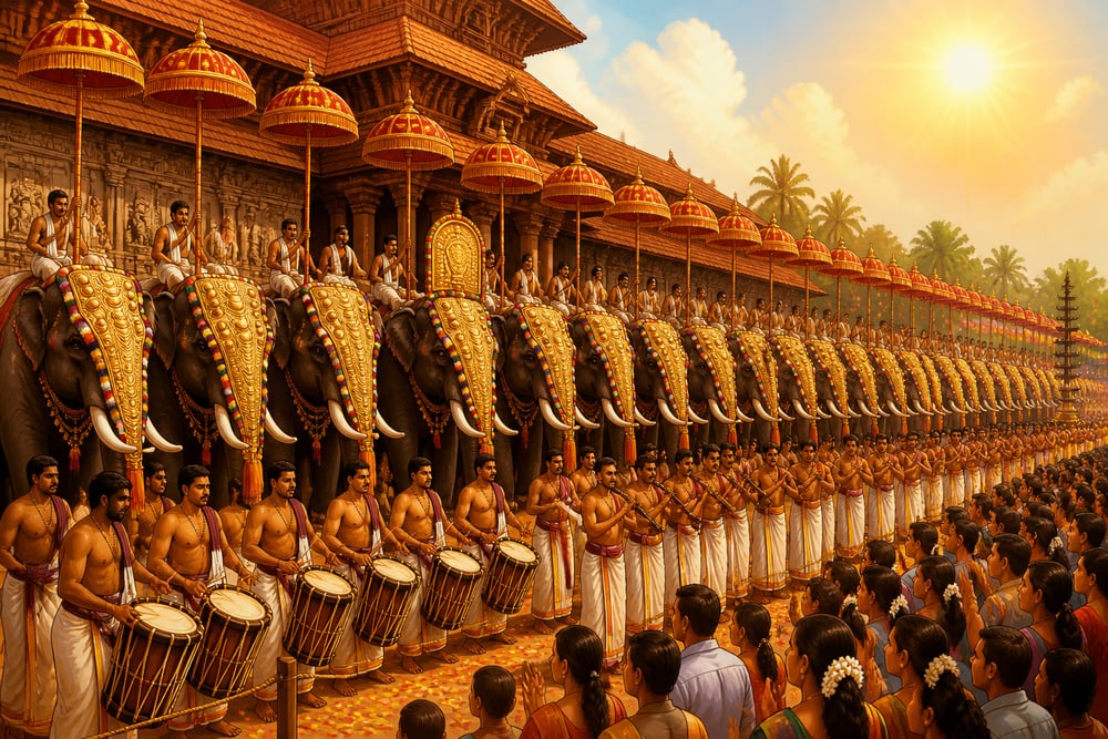 Caparisoned elephants lined up at the Thrissur Pooram festival