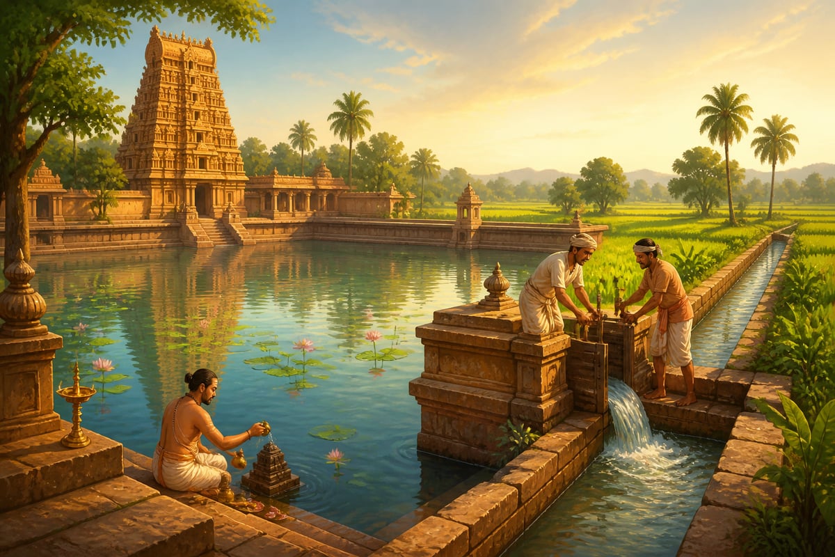A Chola temple tank releasing water through a sluice to paddy fields