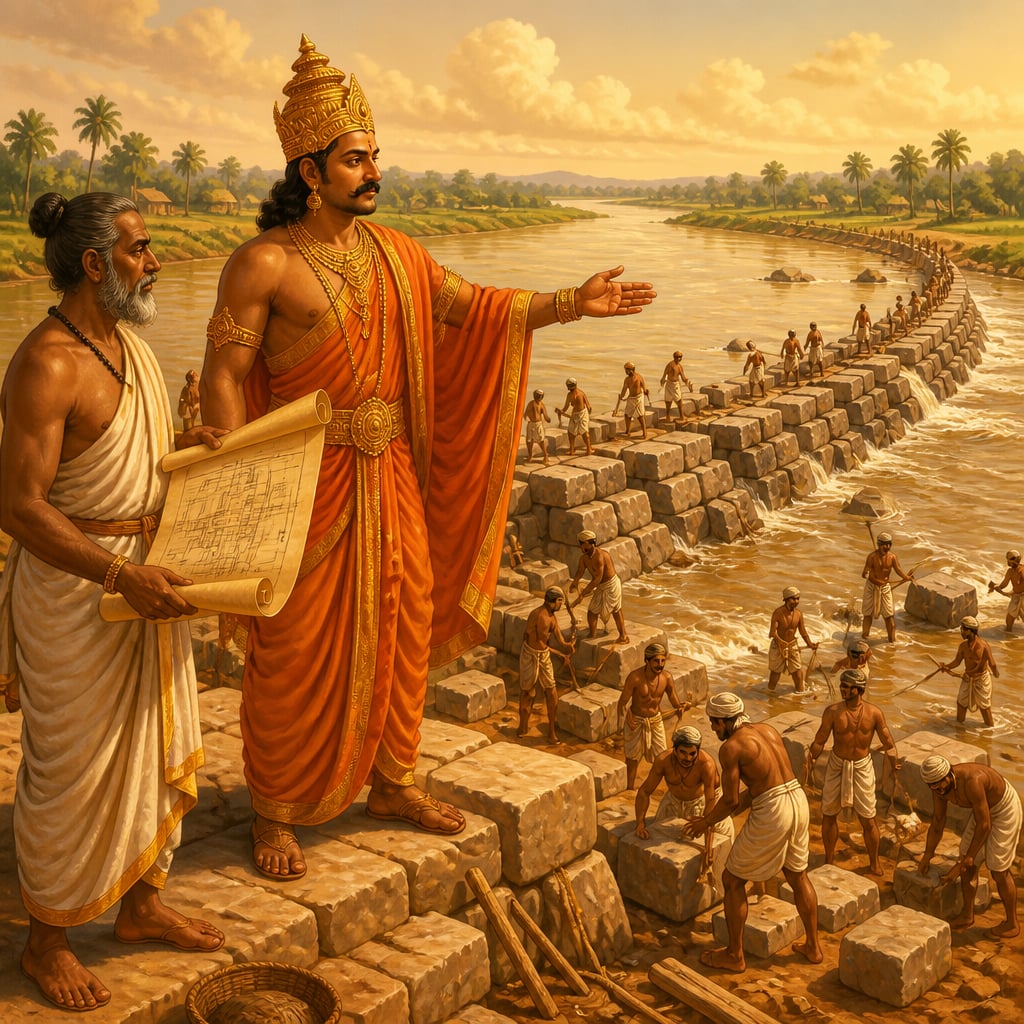 King Karikala overseeing the building of the Kallanai dam on the Kaveri