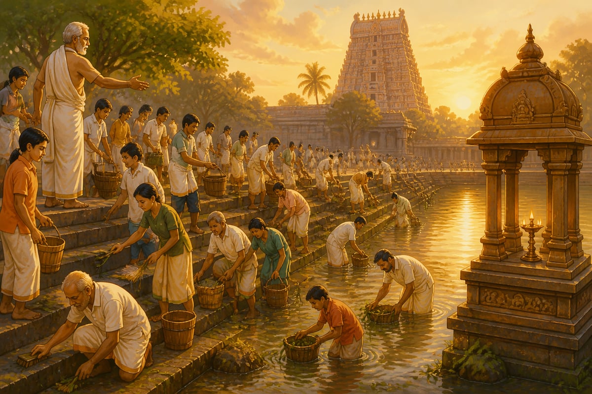 Volunteers cleaning the descending steps of a South Indian temple tank