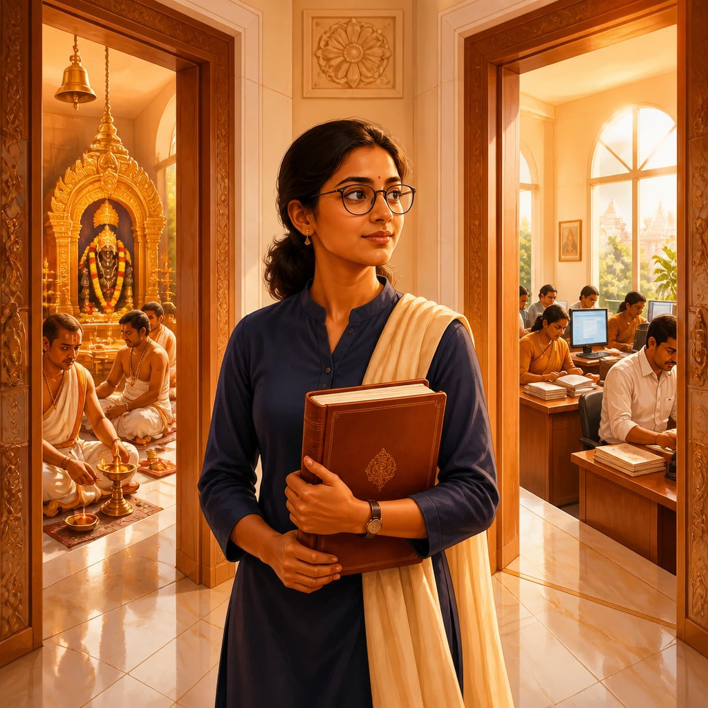 A modern temple administrator between priests and an accounts office