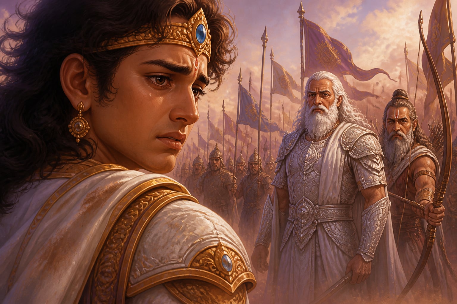 Arjuna recognizes Bhishma and Drona among the foes