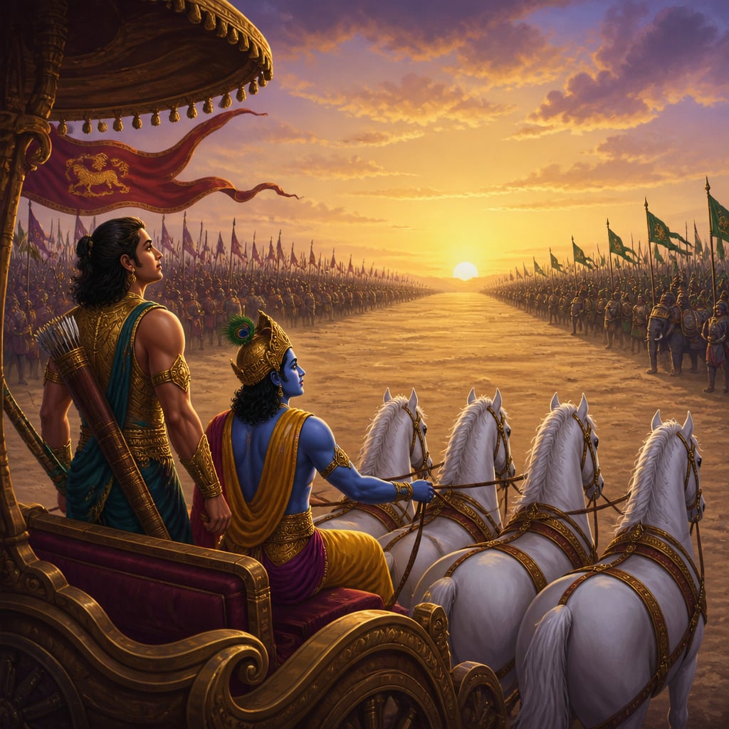 Arjuna and Krishna in the war-chariot drawn between the two armies at dawn on Kurukshetra