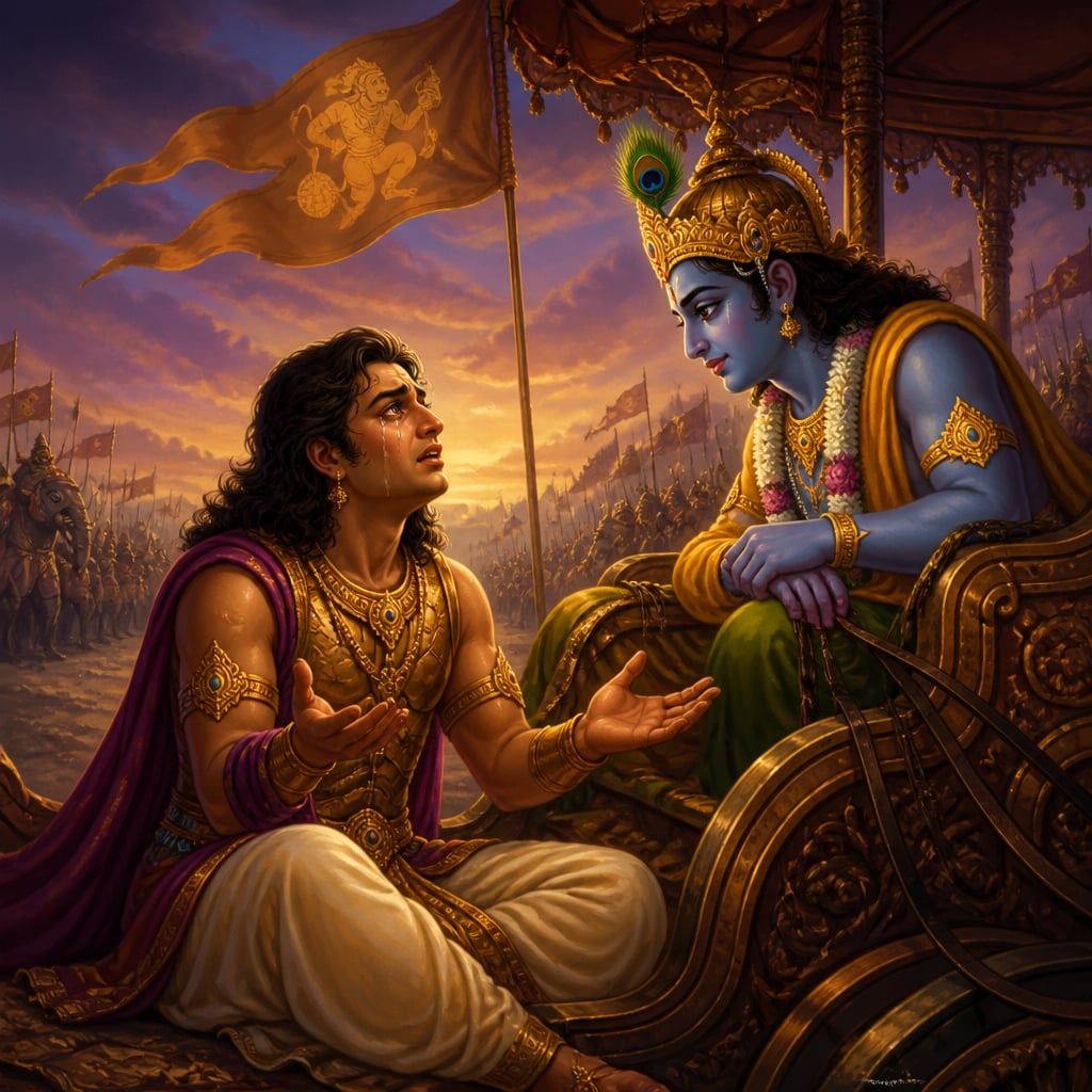 Arjuna half-collapsed in the chariot, voicing his fears to Krishna with open palms
