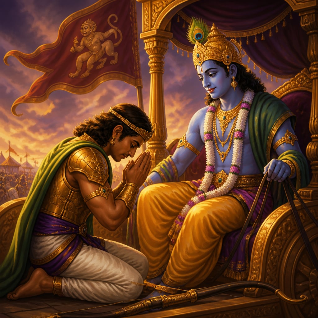 Arjuna kneeling in the chariot with folded hands in pranam before Krishna, taking him as teacher