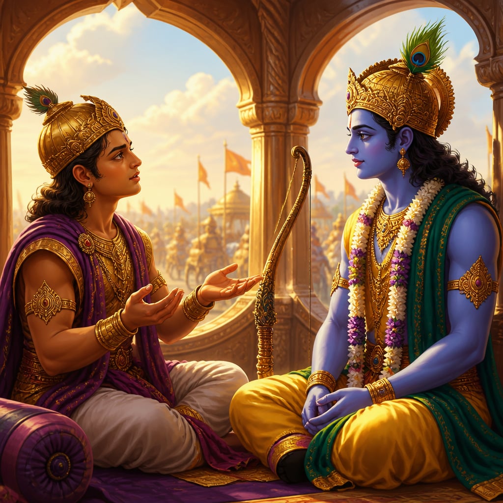 Arjuna turning to Krishna with lifted palms, asking an honest seeker's question