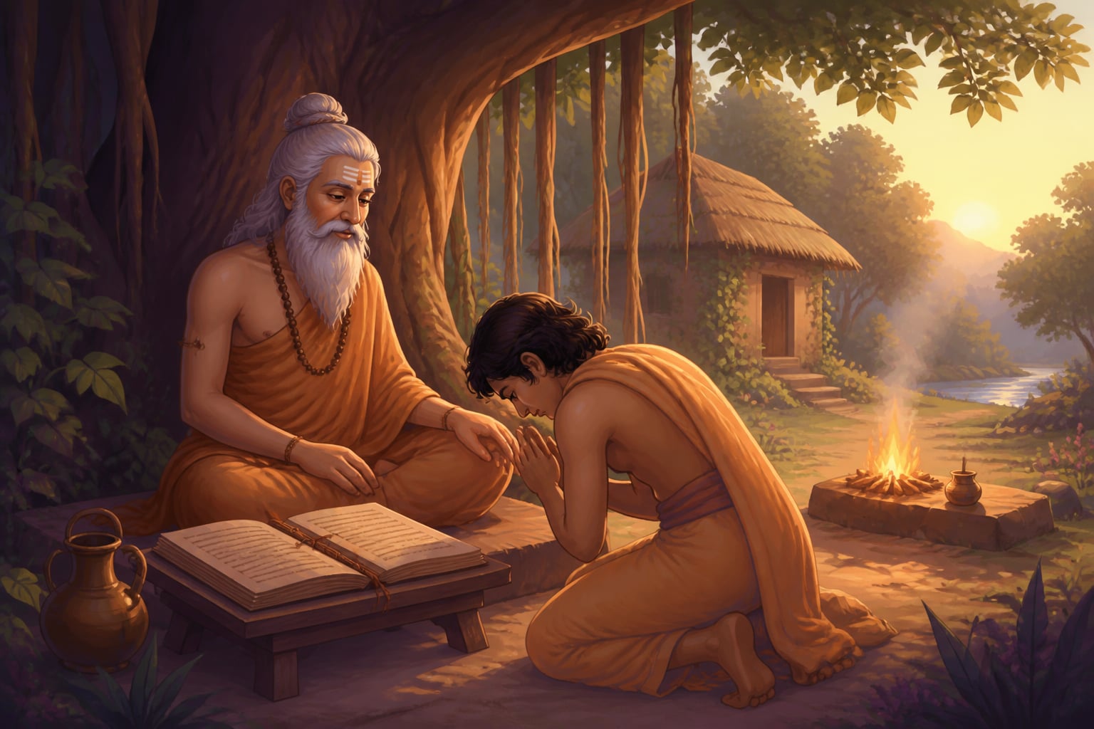 A seeker approaching a sage with humility