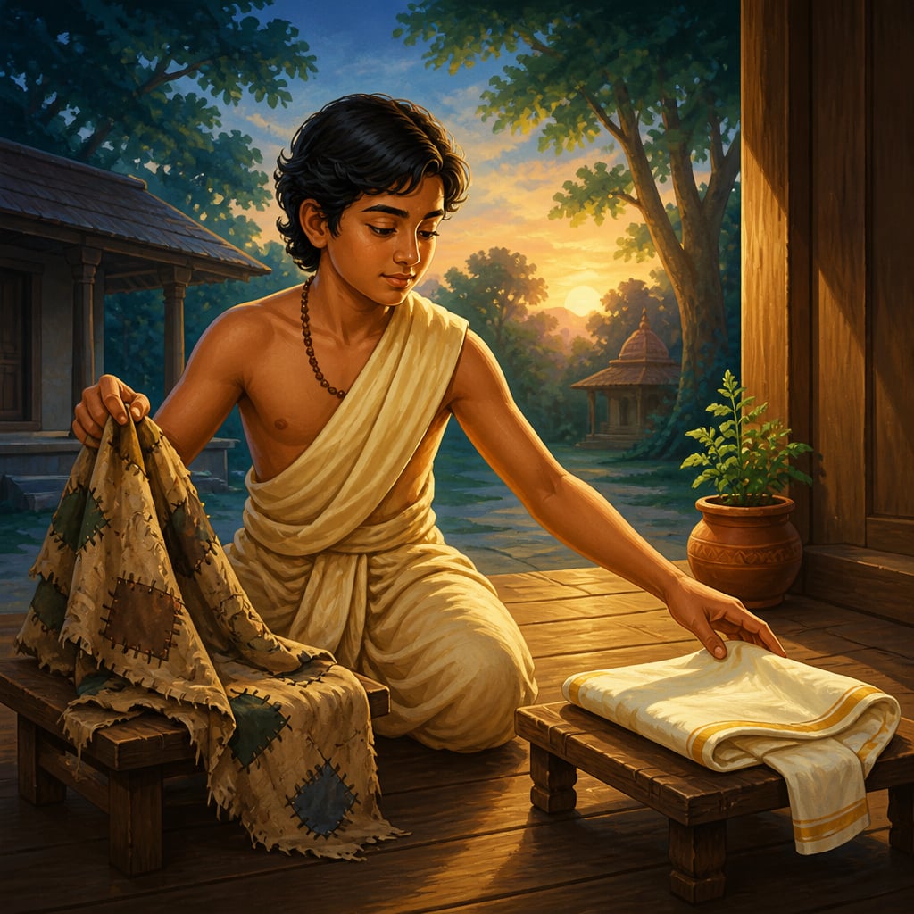 A young seeker in a dawn courtyard calmly folding aside a worn patched dhoti and reaching for a fresh white-and-gold cloth, the metaphor of the Self changing bodies