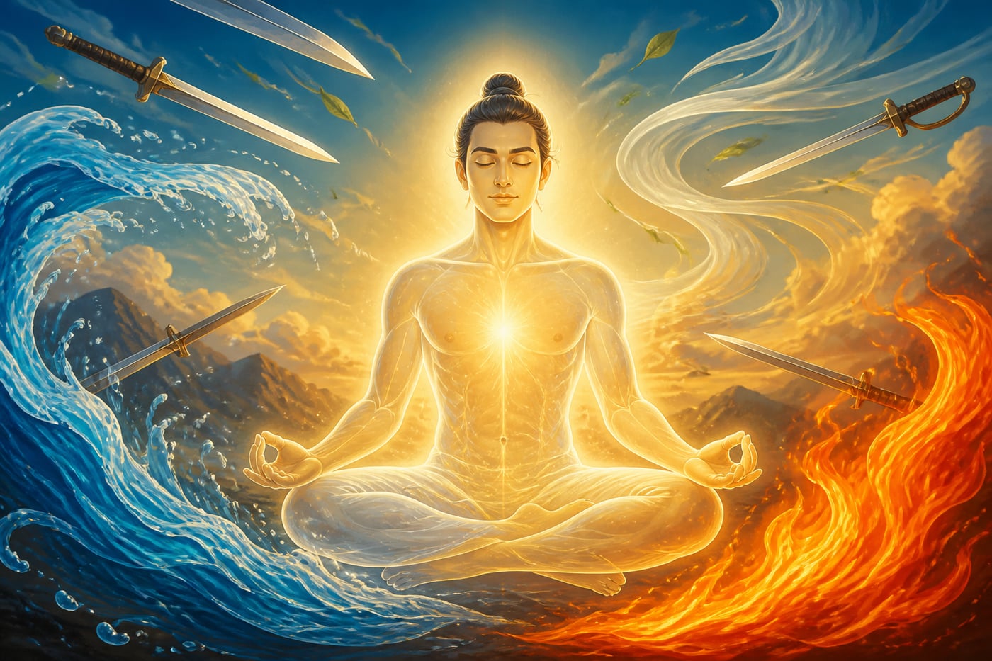 A meditator unmoved as weapons fire water and wind pass harmlessly around