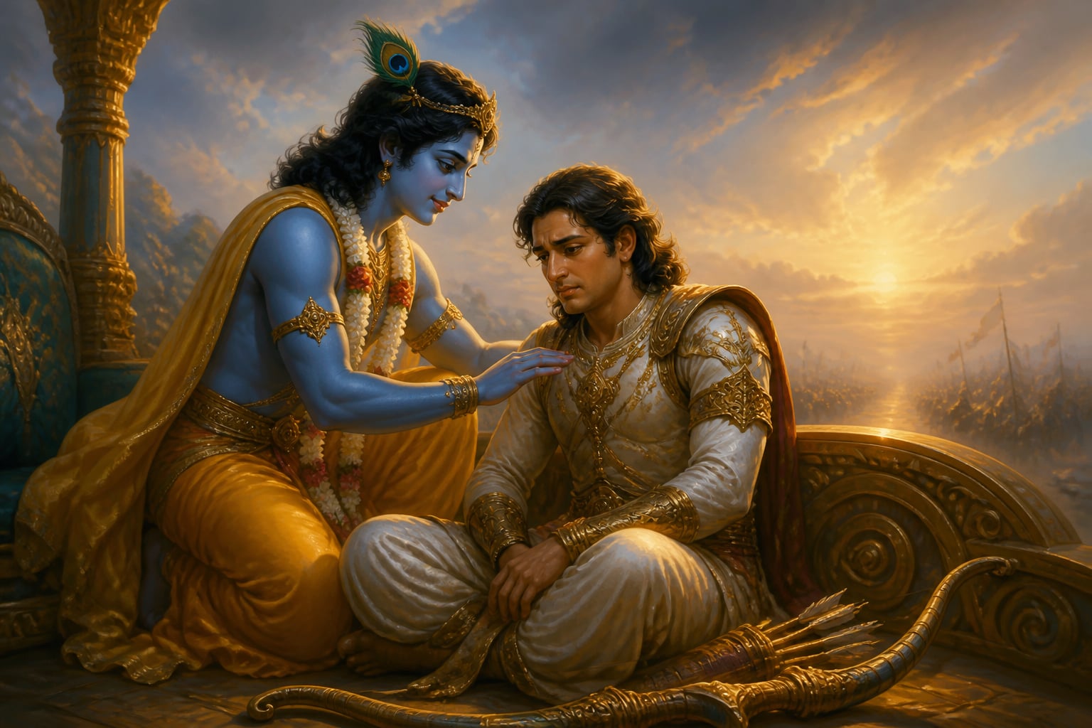Krishna leaning gently toward Arjuna in the first teaching moment